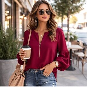 MICHAEL Michael Kors Burgundy Blouse with Zipper and Balloon sleeves Sz Sm
